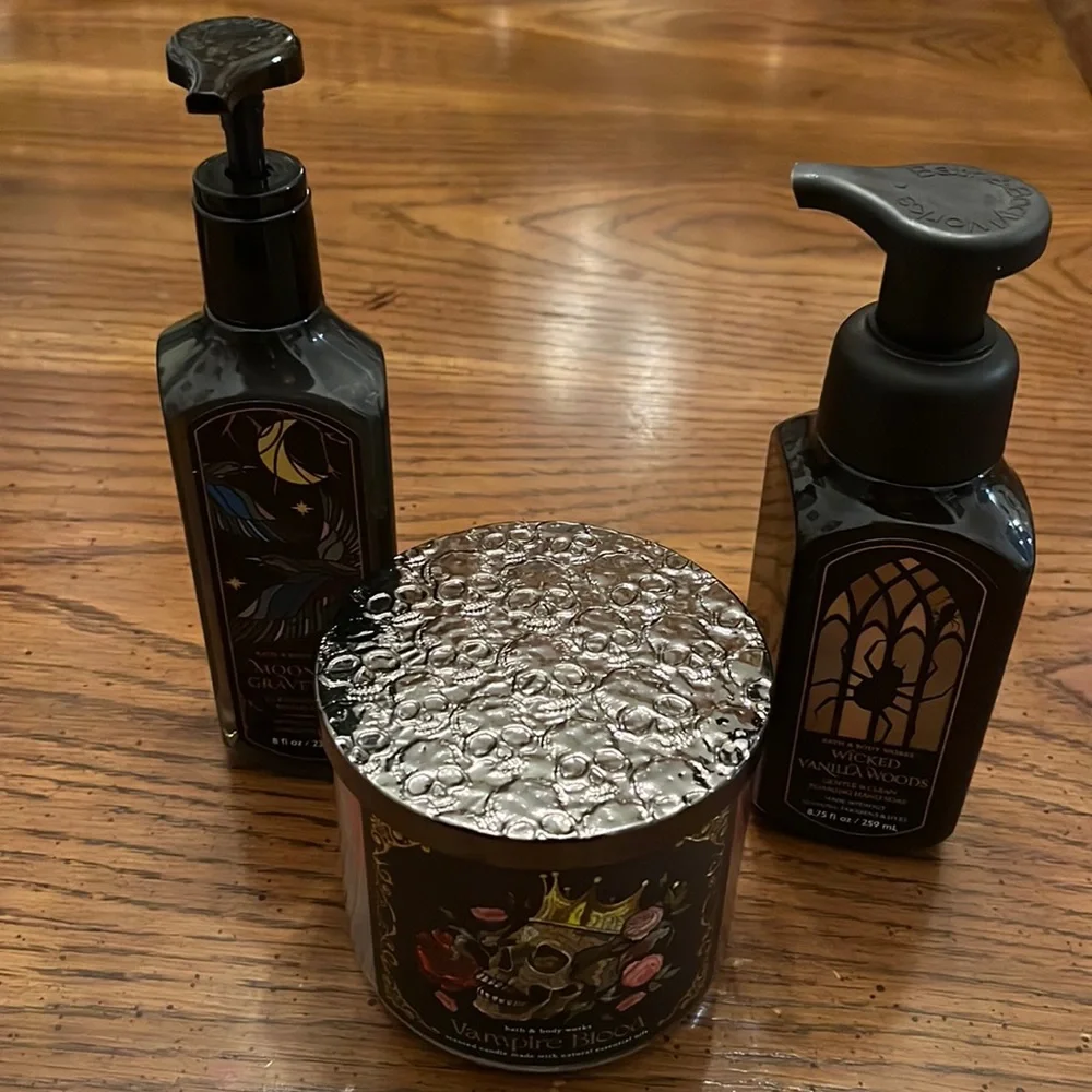 Bath & Body Works Vampire Blood candle and Wicked Vanilla Woods hand soap‎